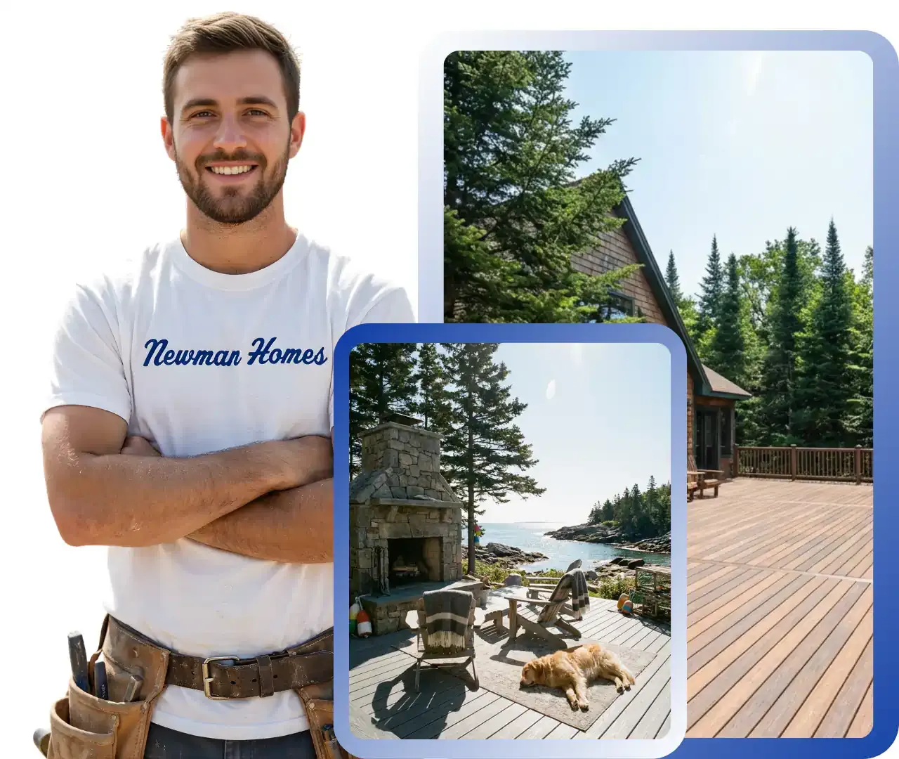 A contractor smiling, with showcases of Maine nprojects in the background.