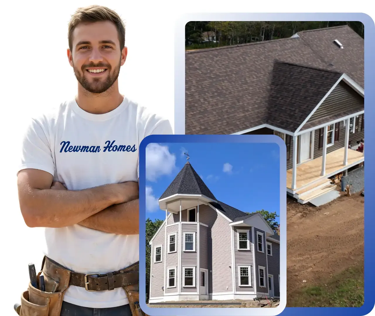 A contractor smiling, with showcases of Maine nprojects in the background.
