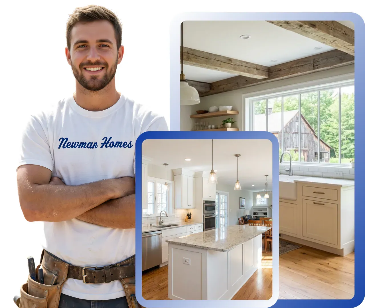 A contractor smiling, with showcases of Maine nprojects in the background.