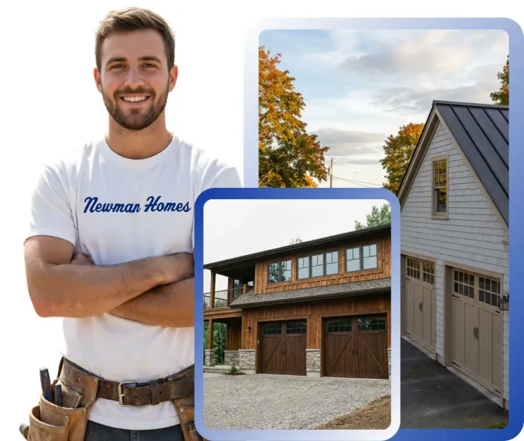 Smiling carpenter with tools; house exterior and garage under construction.