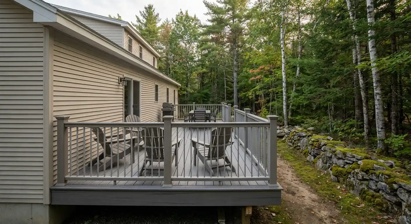 Wooden deck attached to a house with stairs, black railing, and support posts over a gravel area.