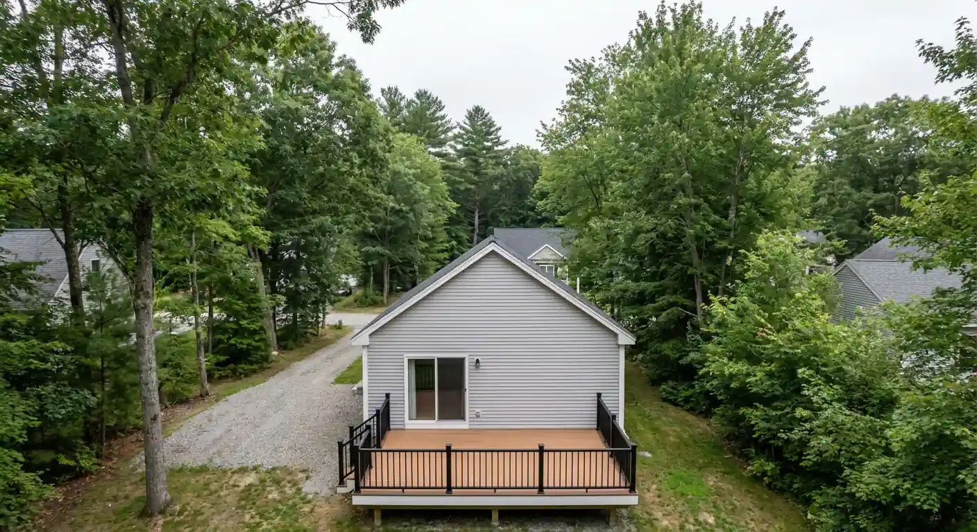 Wooden deck attached to a house with stairs, black railing, and support posts over a gravel area.
