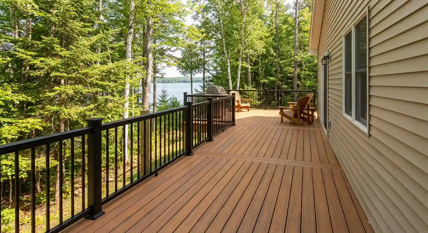 Wooden deck attached to a house with stairs, black railing, and support posts over a gravel area.