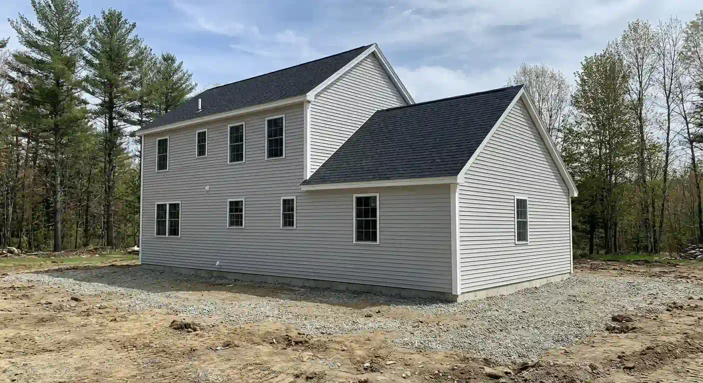 Modern kitchen with blue cabinets, white countertops, and wood floors. Island with seating and hanging pendant lights.