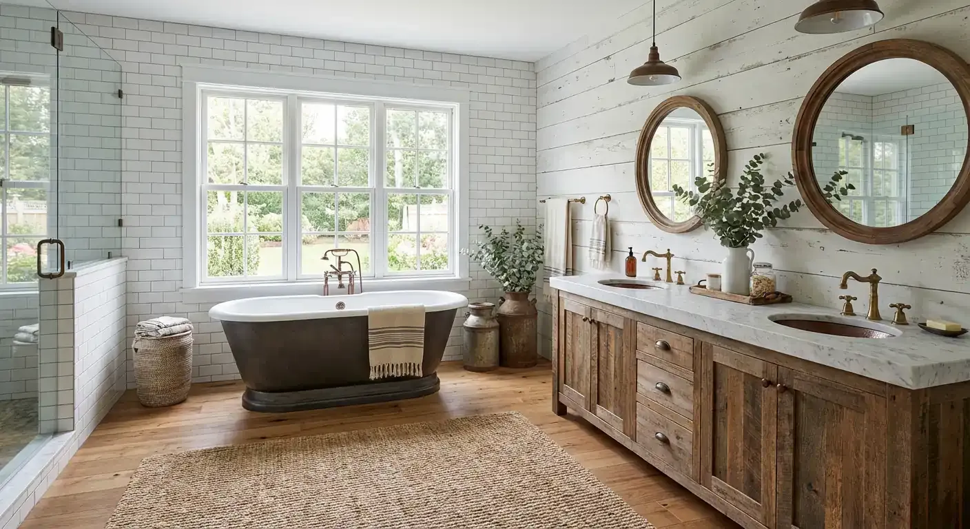 Kitchen with large windows, sunlight, grey cabinets, wooden bar stools, and pendant lights.