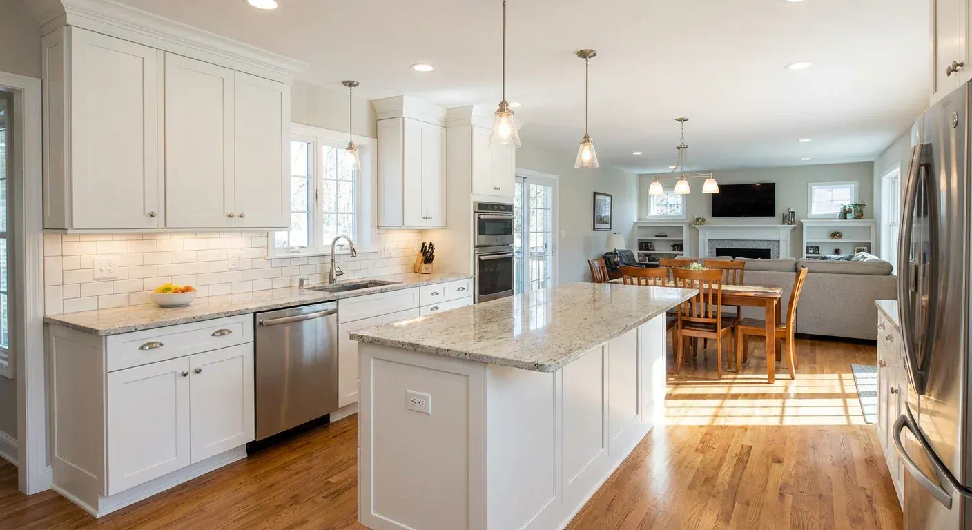 Interior of a wood-paneled cabin with a wood stove, windows, and unfinished cabinets.