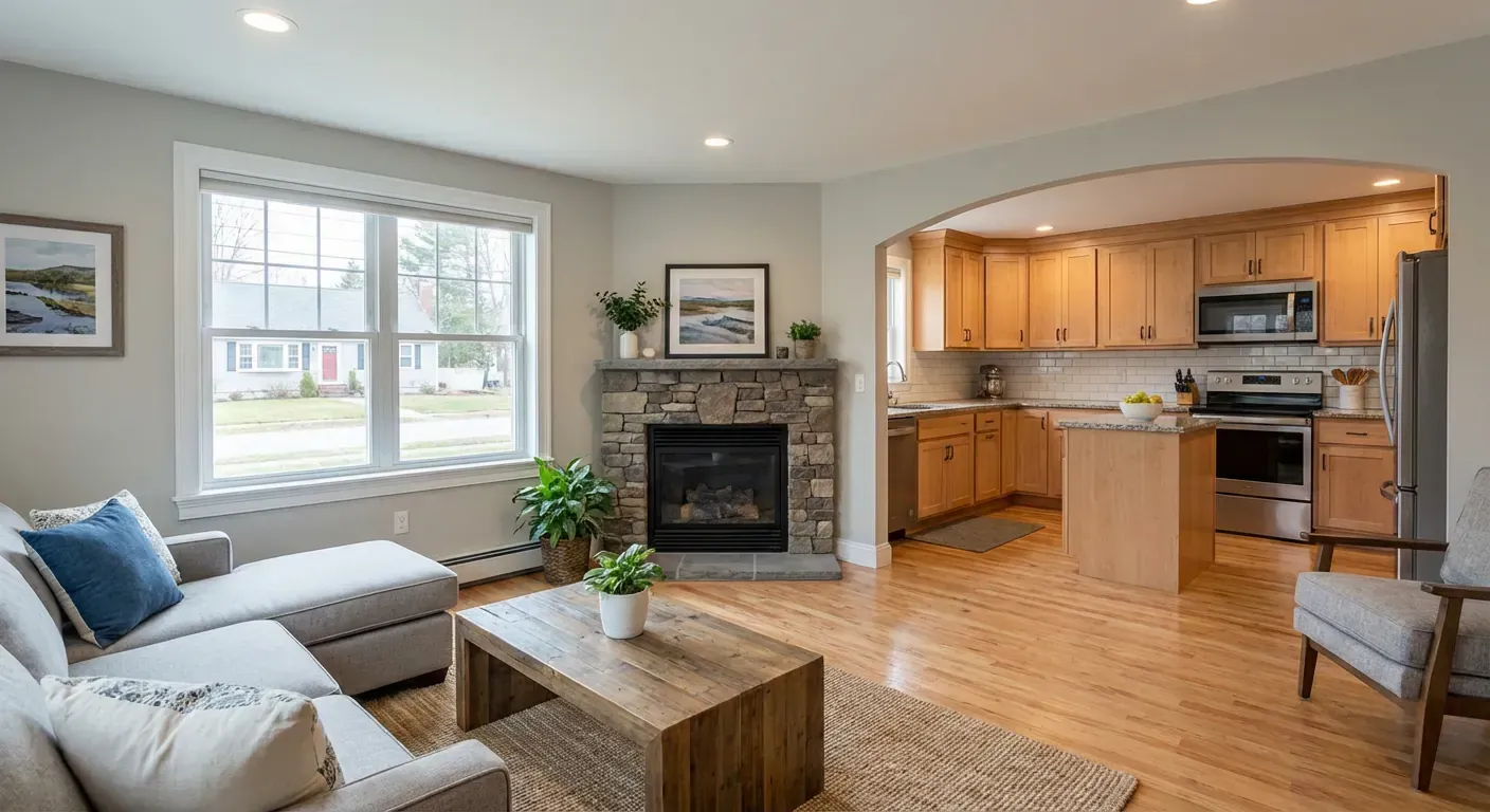 Wooden deck attached to a house with stairs, black railing, and support posts over a gravel area.