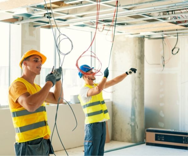 Two construction workers are working on the ceiling of a building