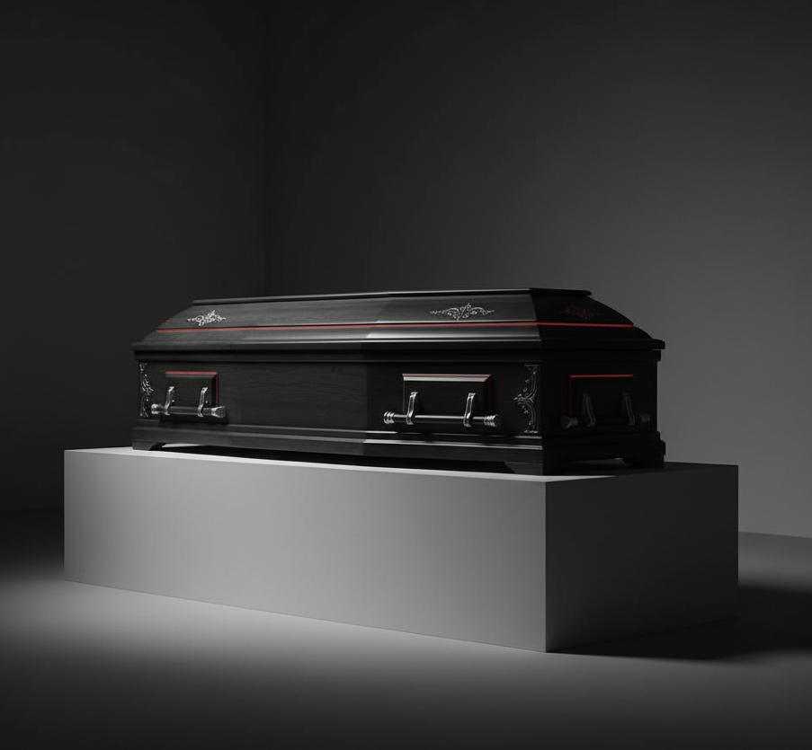 Ataúd negro con asas plateadas sobre un pedestal blanco, en un estudio oscuro.
