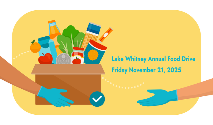 Food drive illustration: Hands passing a box of groceries. Yellow background, Lake Whitney event, Friday November 21, 2025.