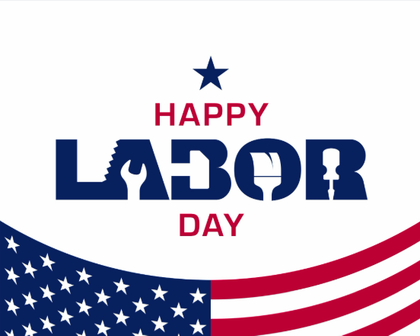 Happy Labor Day graphic with American flag and tool icons.