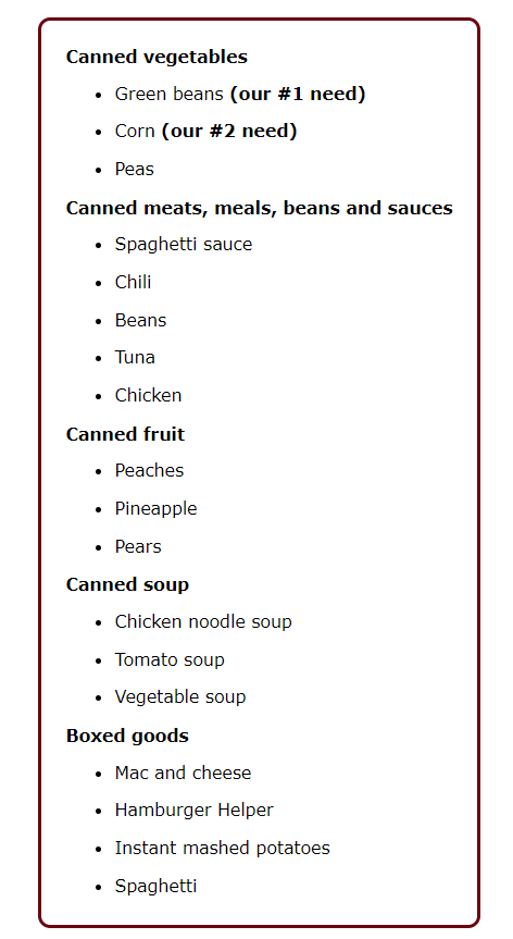 A list of canned vegetables , meats , meals , beans and sauces.