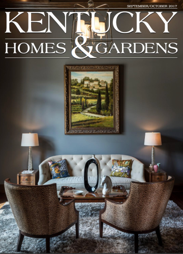 A magazine cover for "Kentucky Homes & Gardens" featuring a living room with a light sofa, two leopard-print chairs, and art.