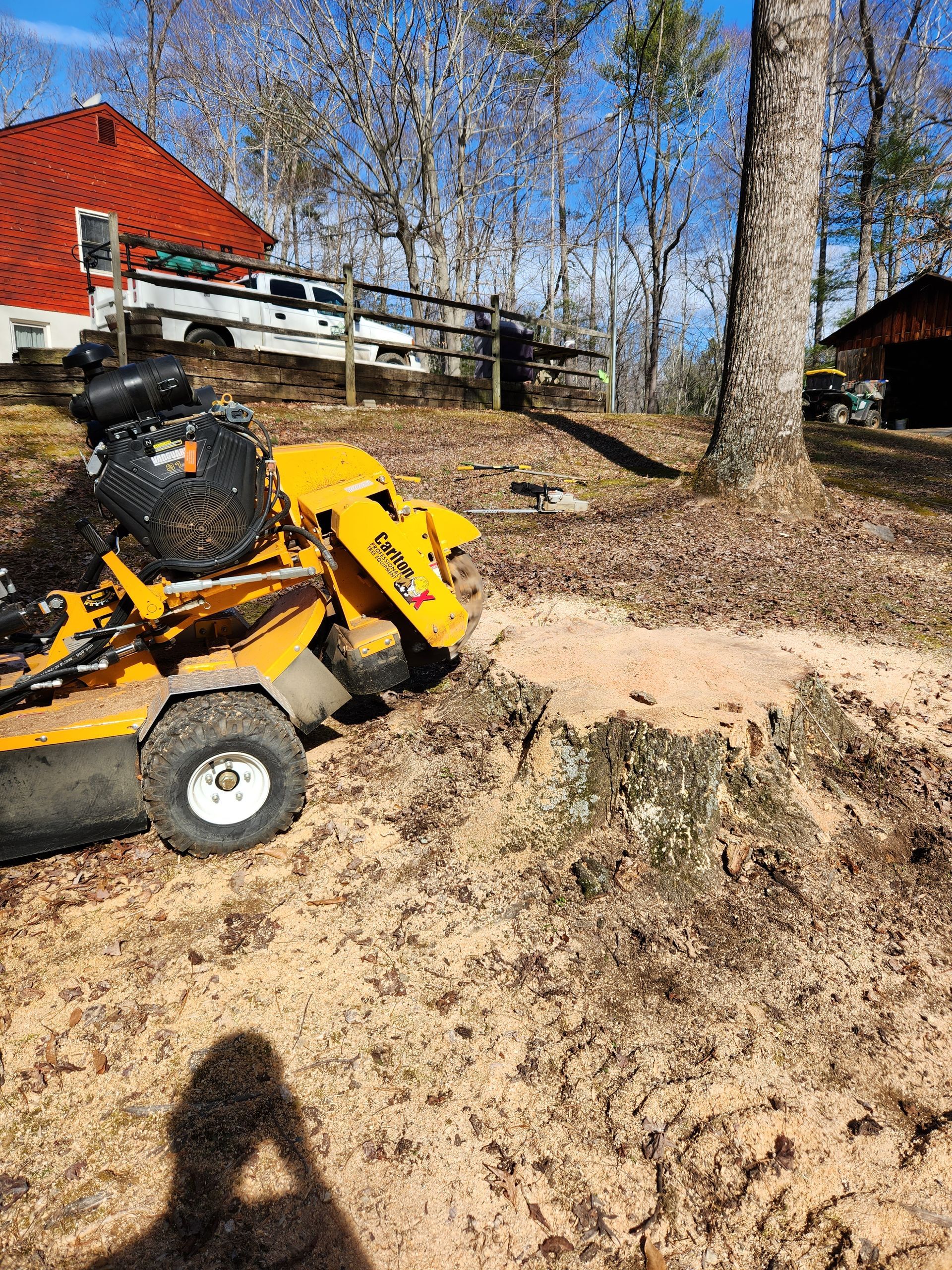 A yellow stump grinder is cutting a tree stump in a yard.