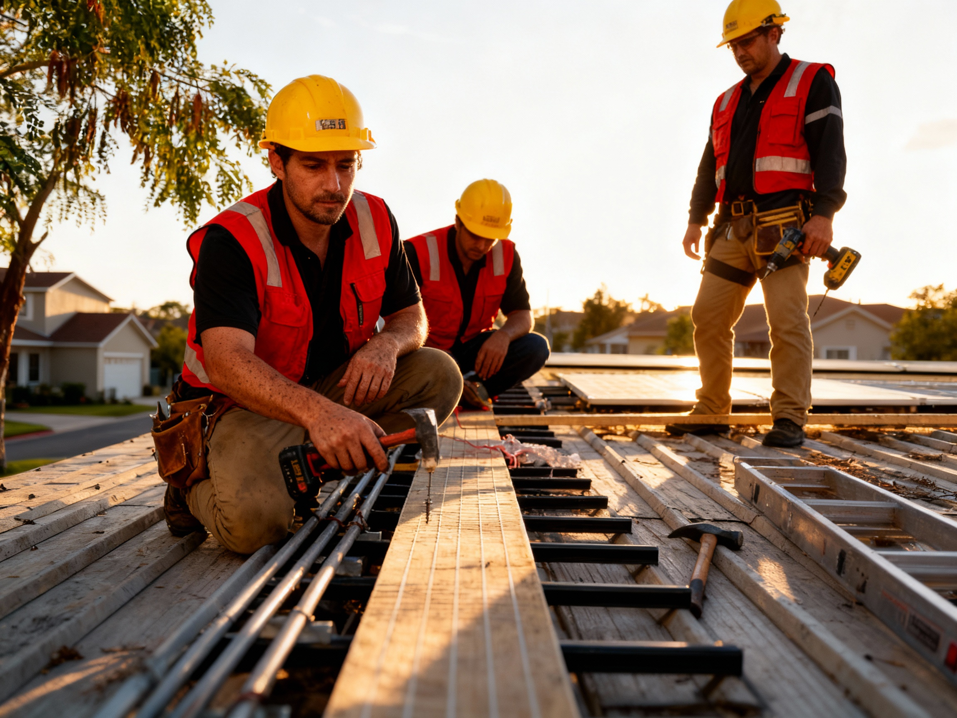Person on rooftop working with wood, outdoors in sunlight.