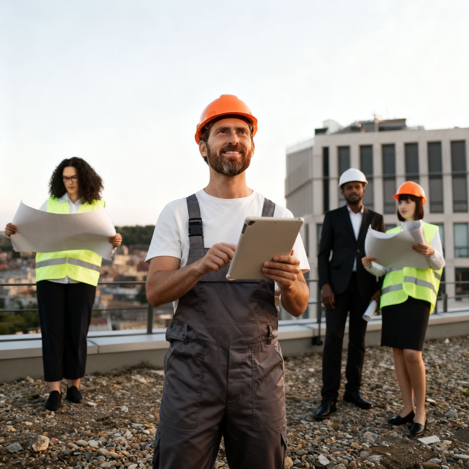 Construction worker with tablet smiles, flanked by colleagues on a rooftop, studying blueprints.