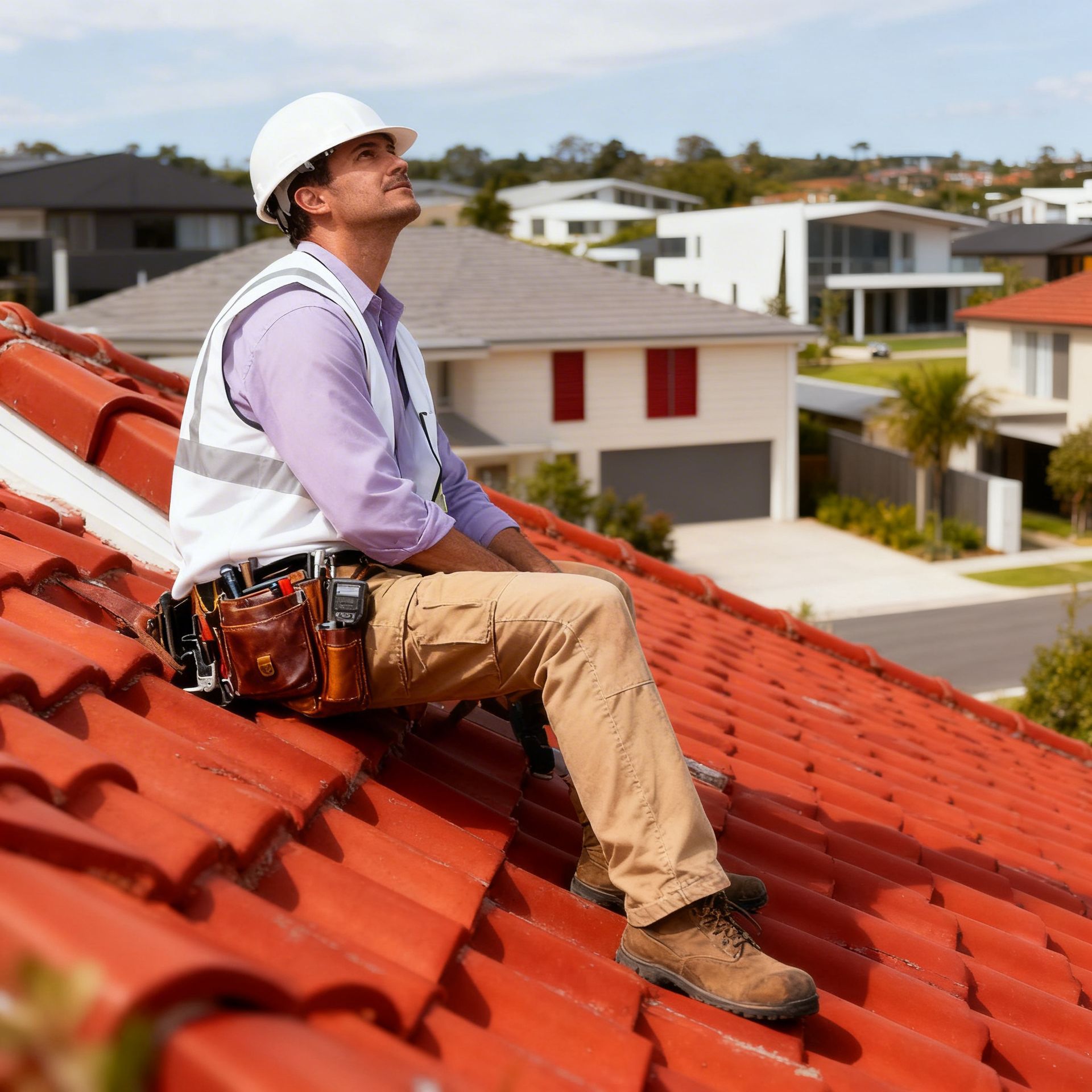 Person sits on a red tile roof with a dark, cloudy sky overhead.