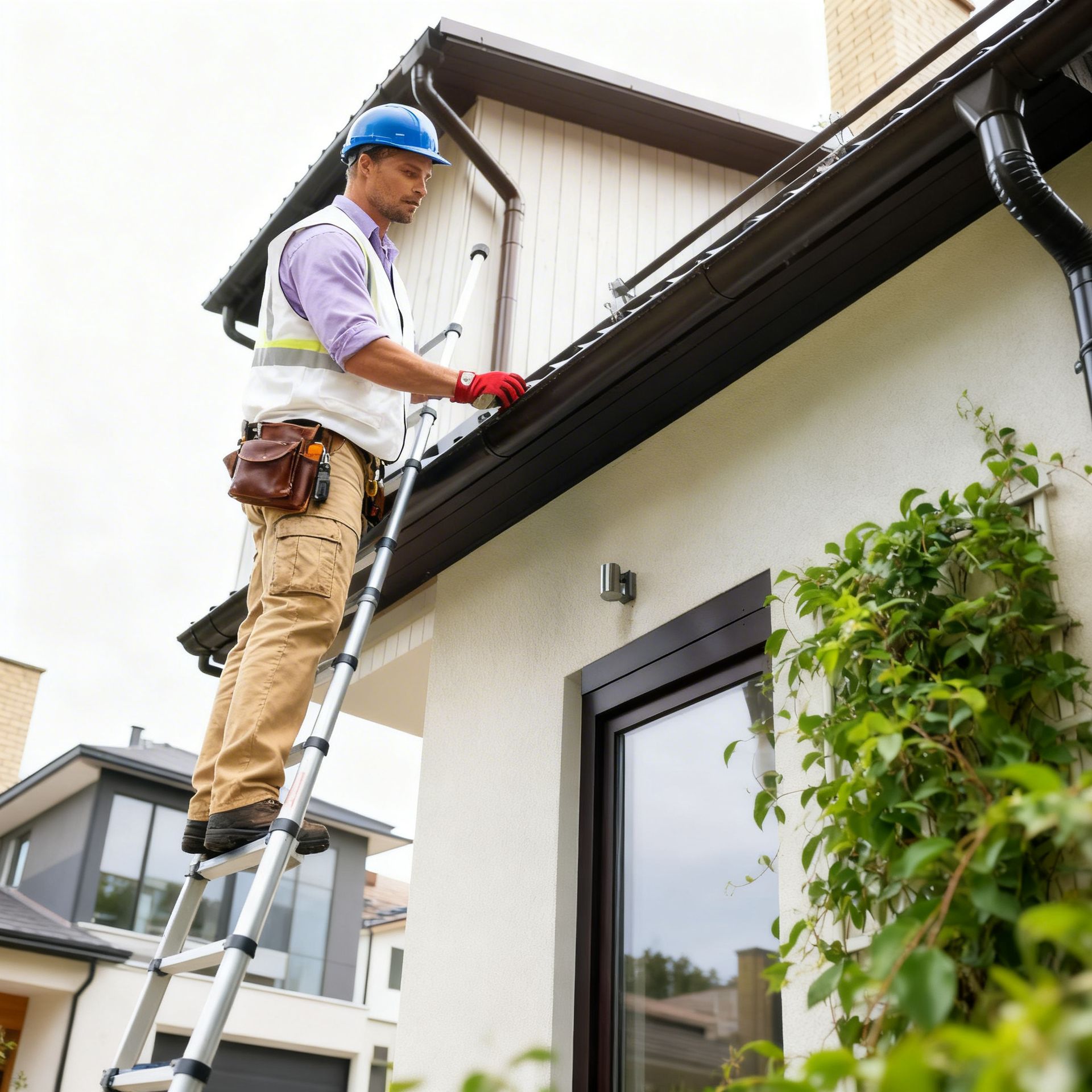 Man on a ladder repairs gutter on a house with brown roof and beige siding during autumn.