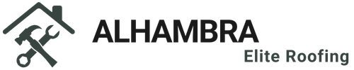 Logo of Alhambra Elite Roofing: Storm Gray Blue icon of a house, hammer, and wrench.