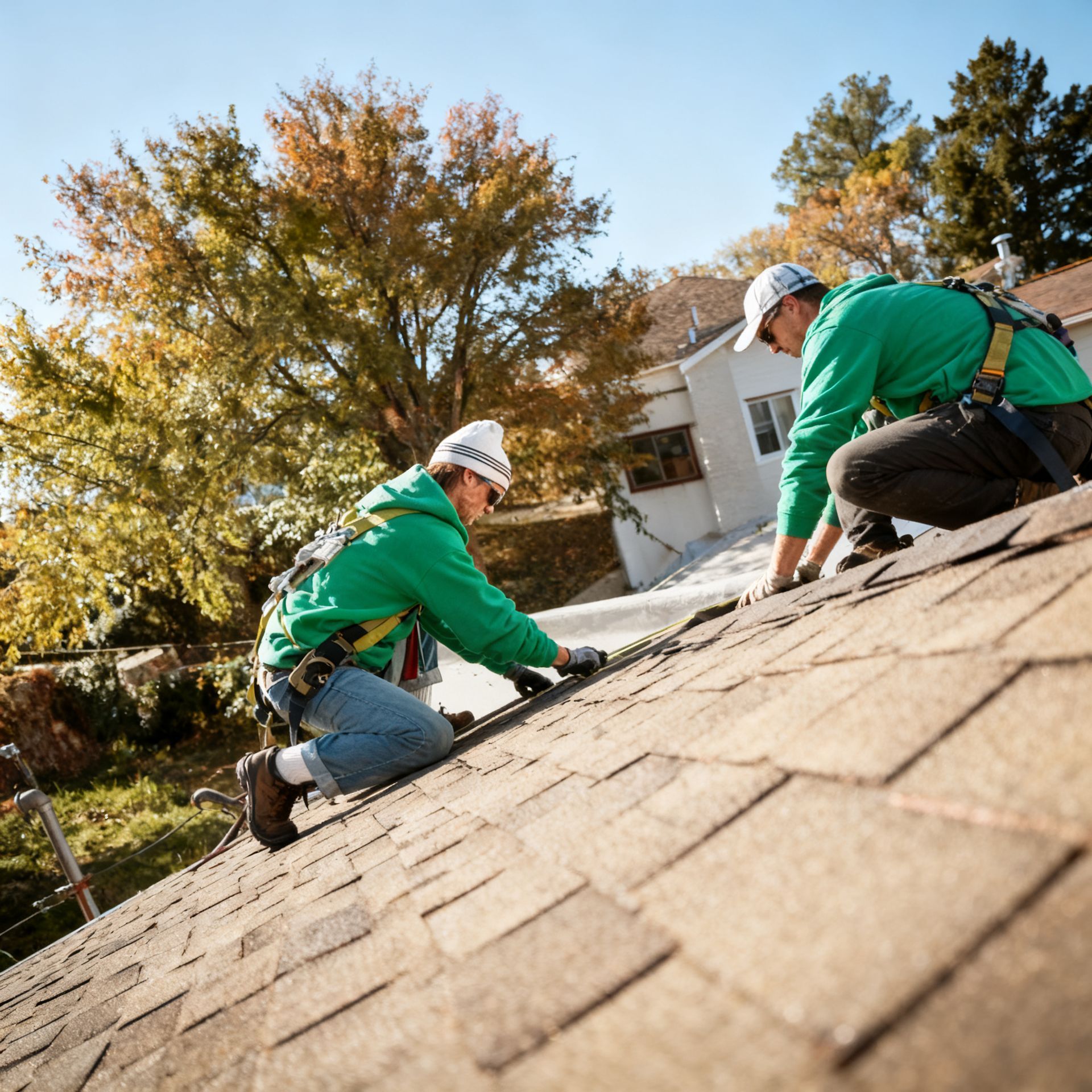 Roofer repairing slate roof, using a hammer, in a residential neighborhood on a sunny day.