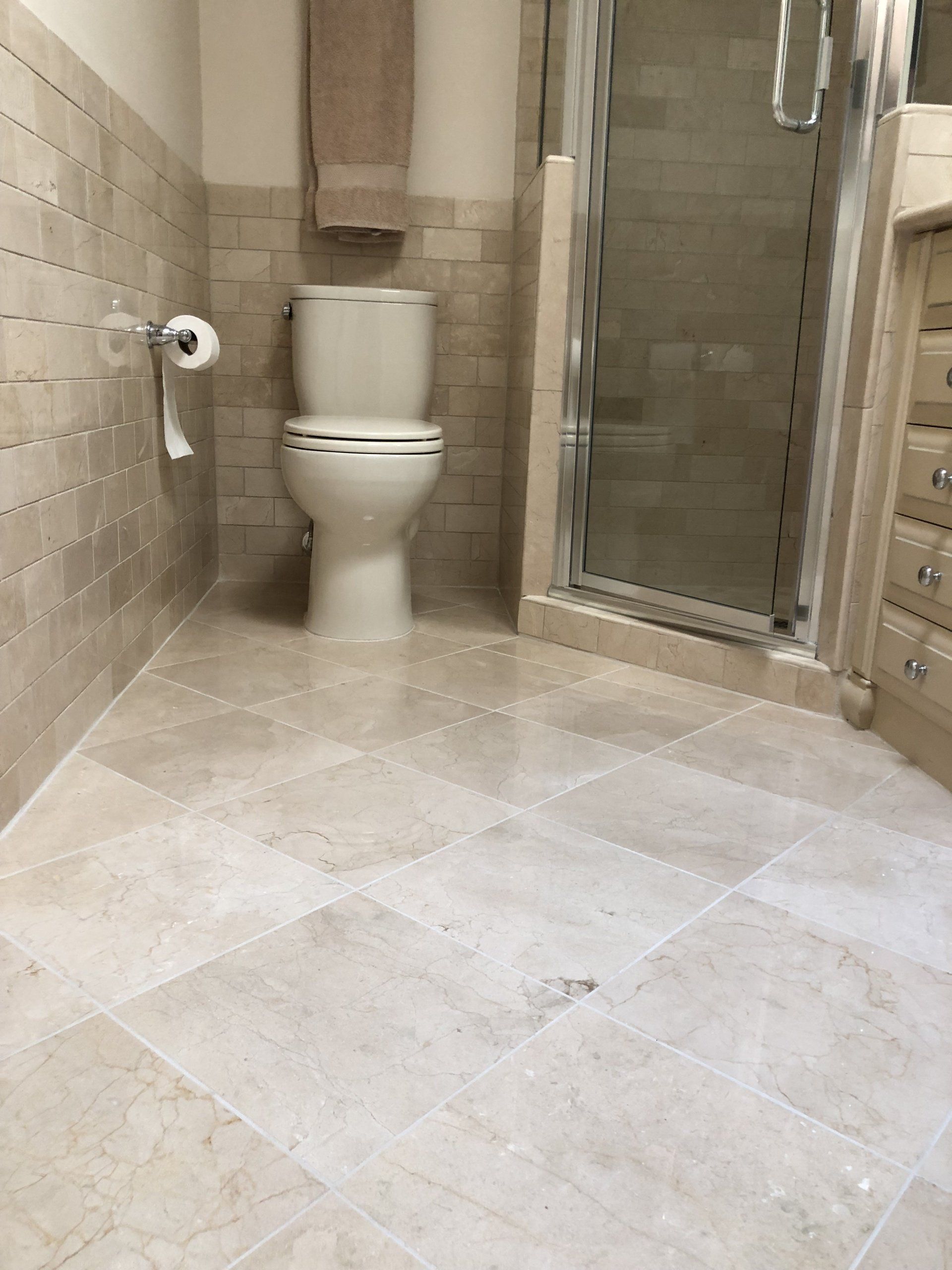 A bathroom with a toilet and a shower stall