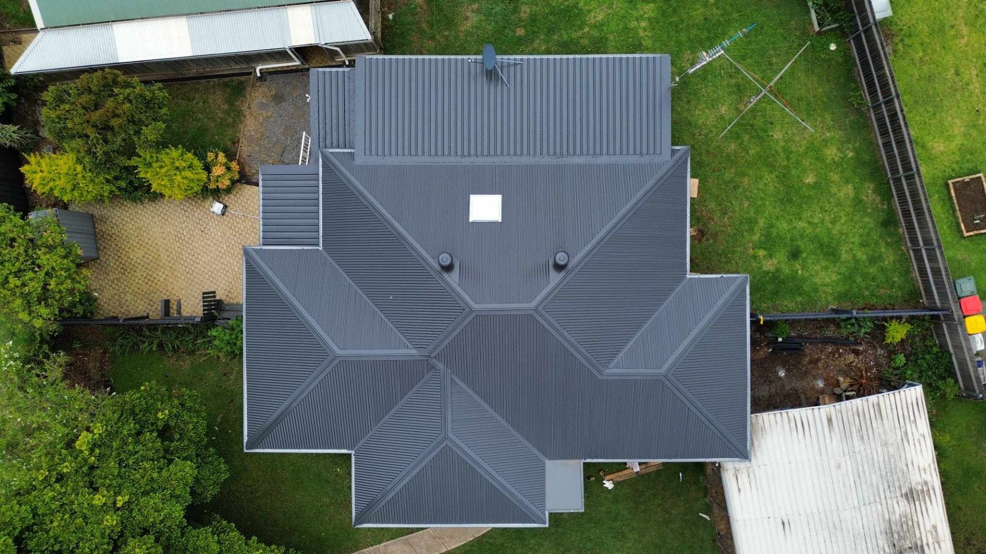 Aerial photo of a grey metal roof recently installed — Tim Leach Metal Roofing in Wauchope, NSW