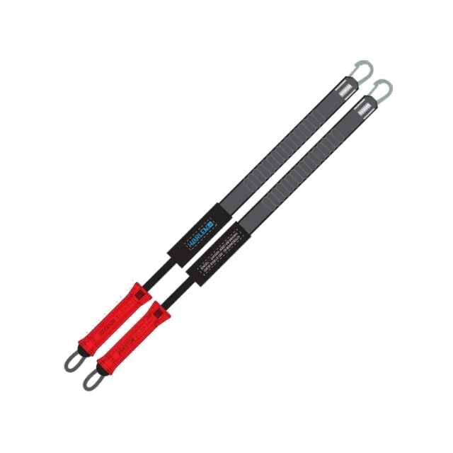 Dos bandas de resistencia para ejercicios con correas grises, asas rojas y mosquetones de metal.