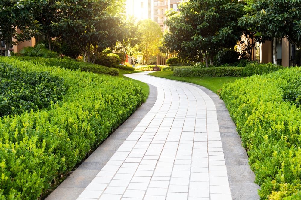 A brick walkway in a park surrounded by trees and bushes.