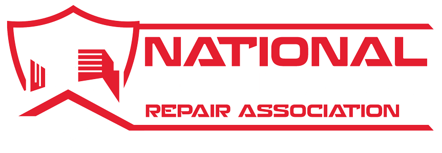 a red and white logo for the national repair association .