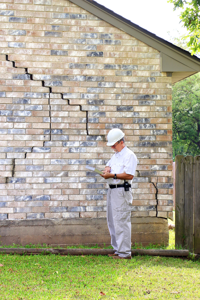 a man is standing in front of a cracked brick wall .