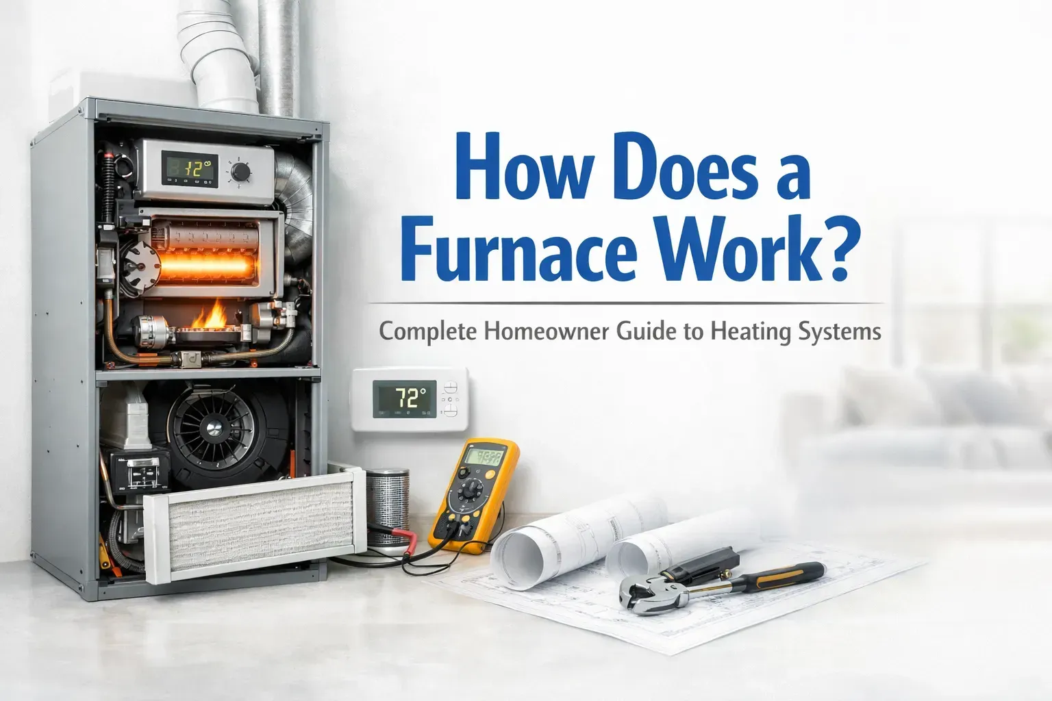 Cutaway view of a residential furnace showing internal components like the heat exchanger, burner