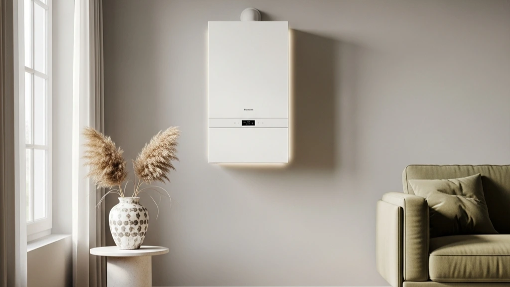 Modern living room with a boiler heating system on the wall, green sofa, small table with vase, and