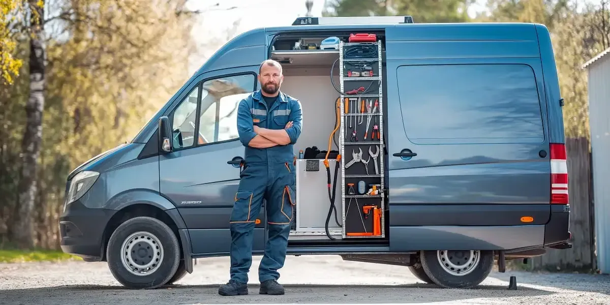 plumber in front of van