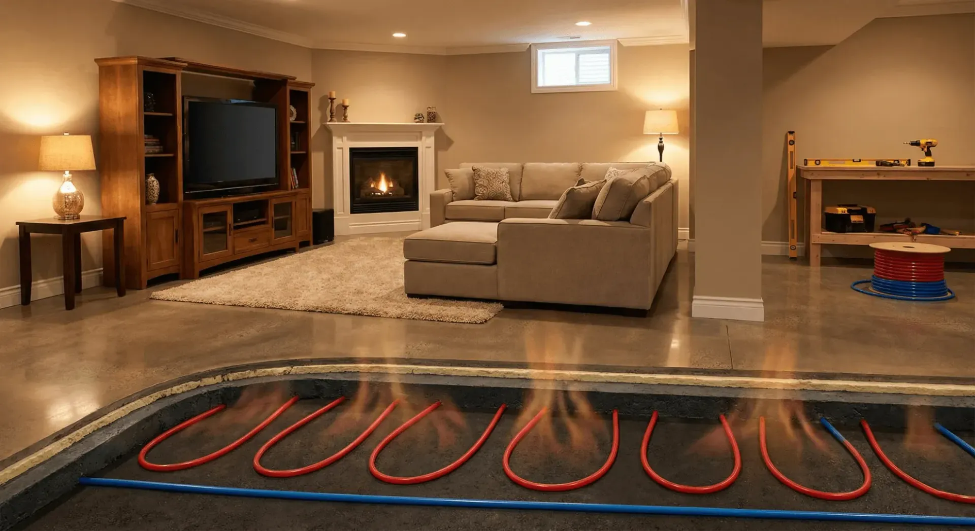 Radiant heating system installed with hydronic tubing beneath a finished basement floor