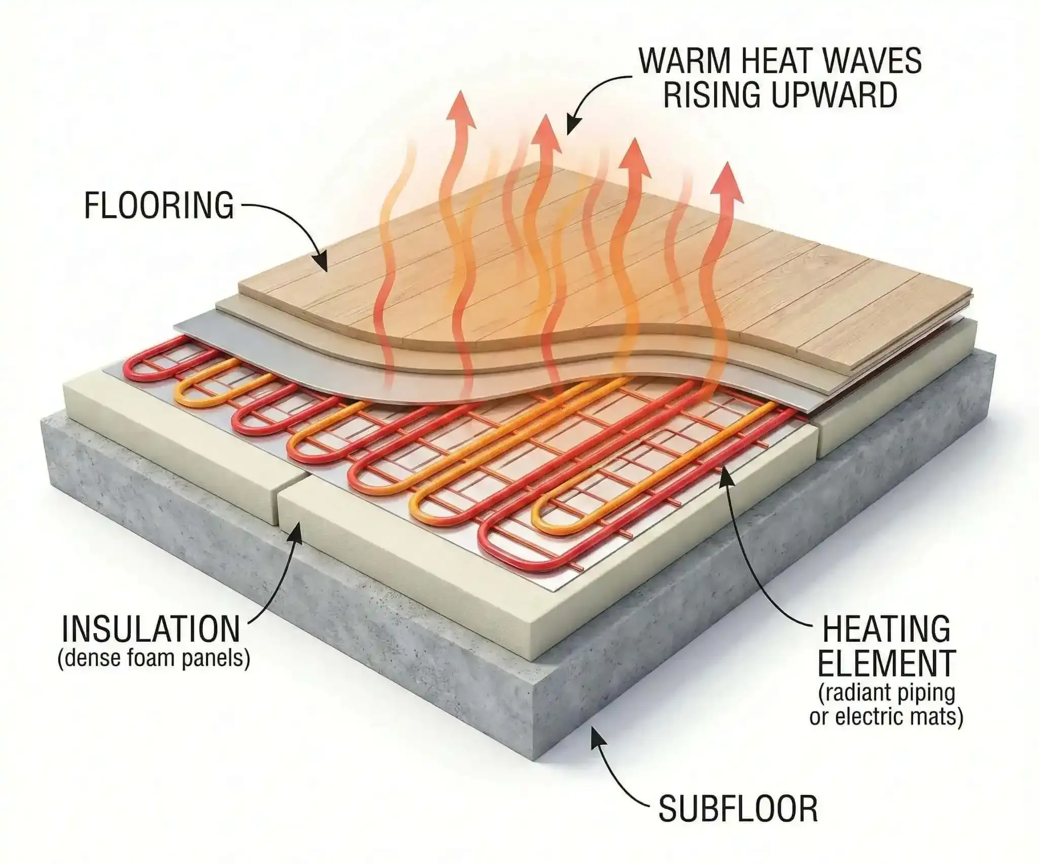 Radiant heating system floor cutaway diagram showing insulation, subfloor, and heating elements