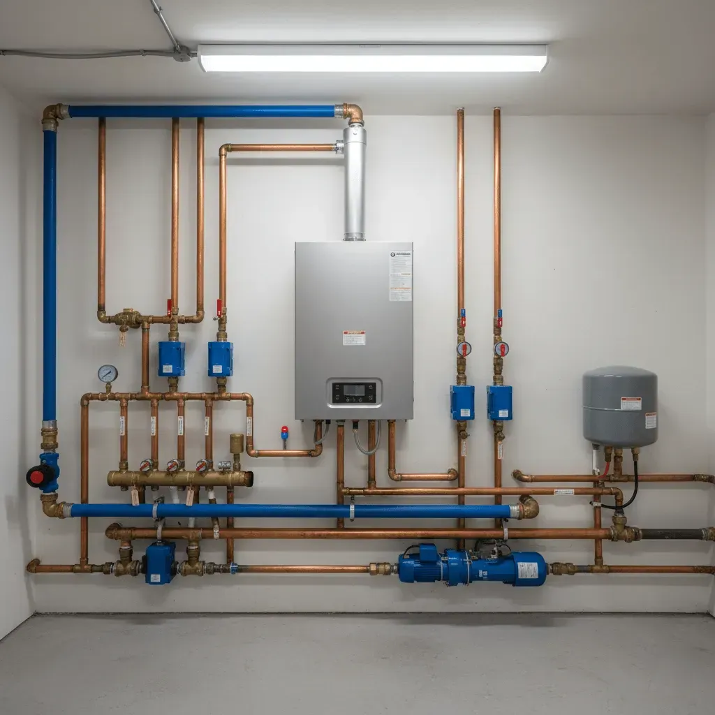 Radiant heating system hydronic boiler and pipe manifold setup in residential utility room