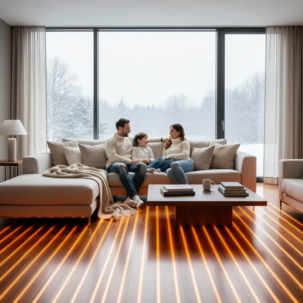 Radiant heating system warming a modern living room with a family relaxing on heated wood floors