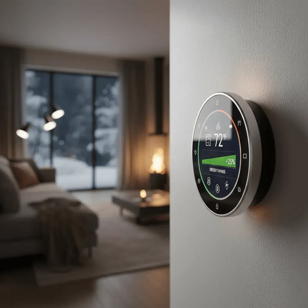 Radiant heating system controlled by smart thermostat showing temperature and energy savings