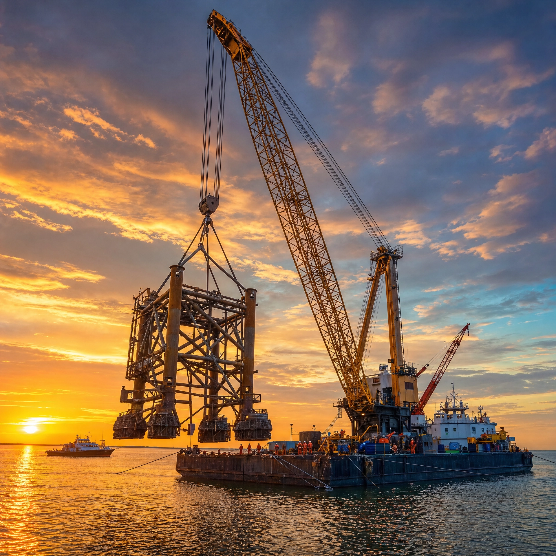 Crane barge lifting a large offshore structure at sunset over calm water