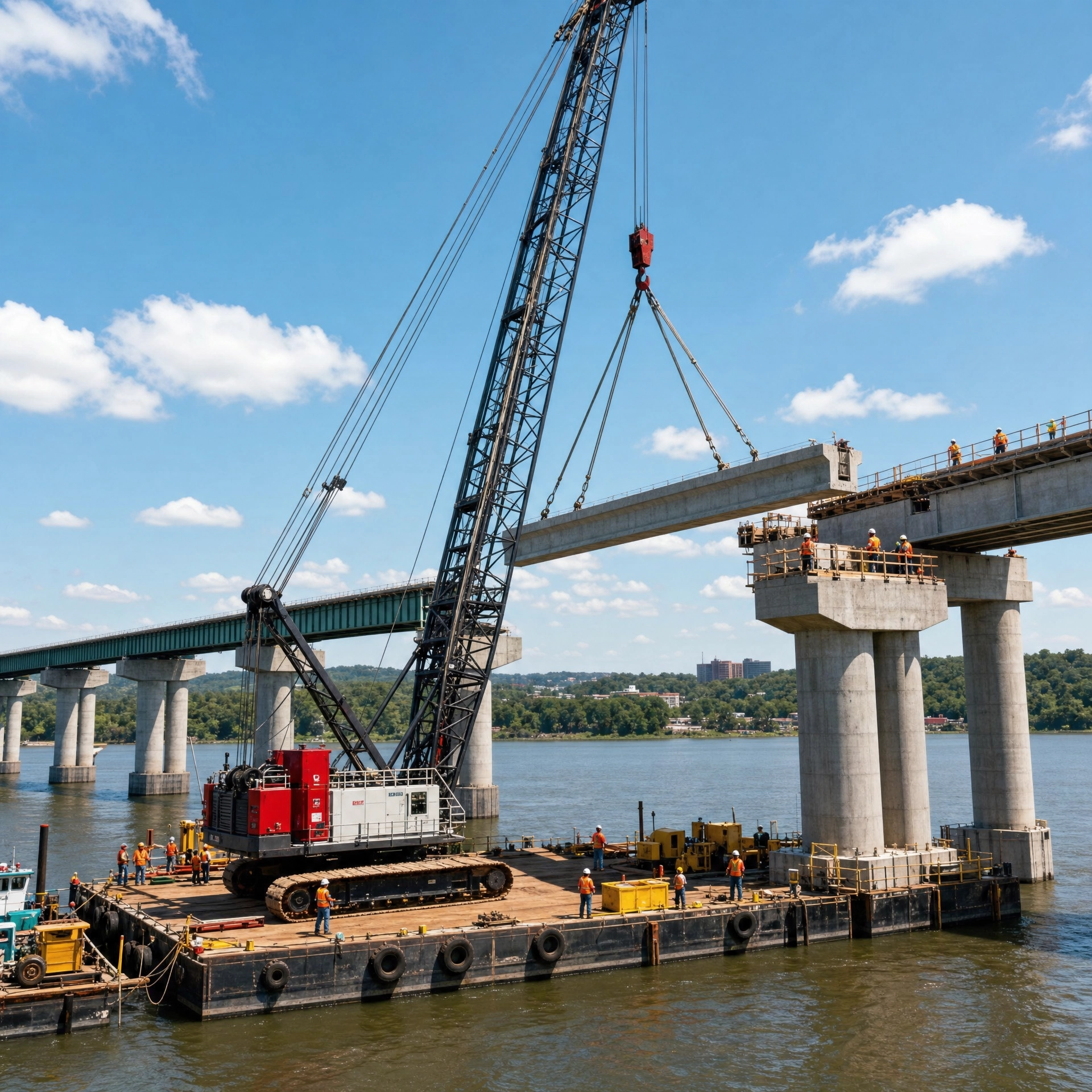 Crane lifting a bridge span over water during construction, with barges and workers below