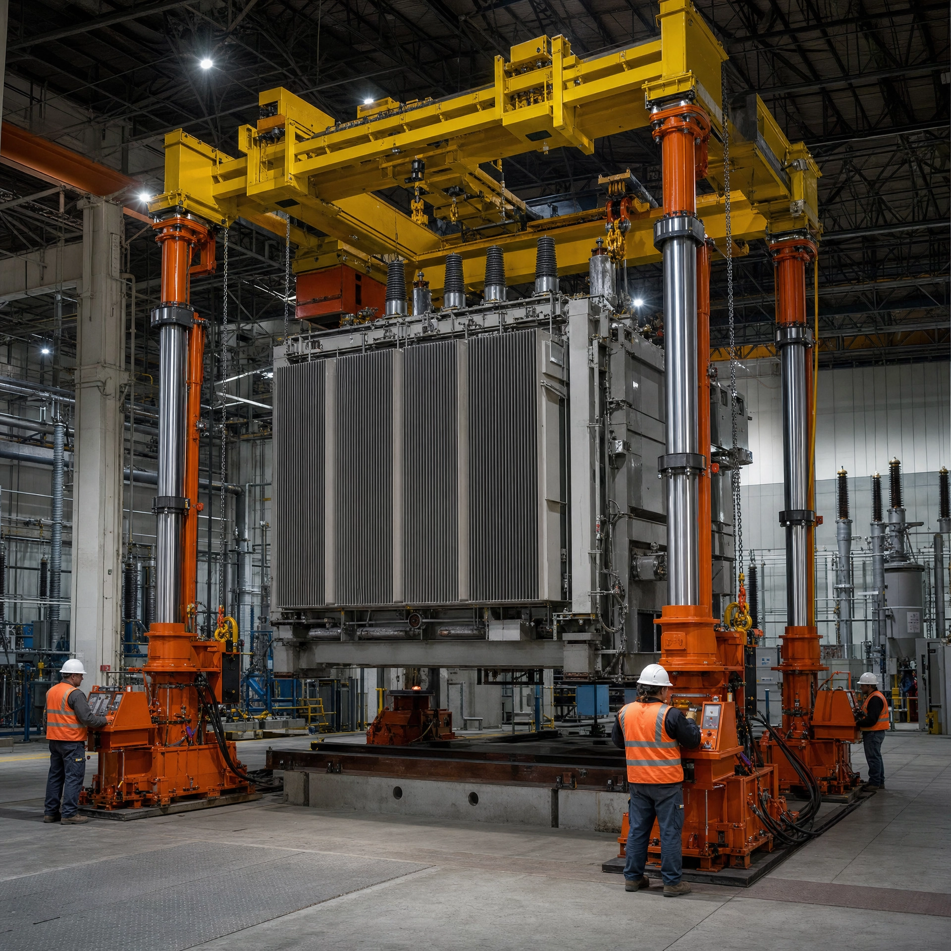 Industrial facility with a large metal assembly lifted by a yellow crane, workers in orange safety gear nearby