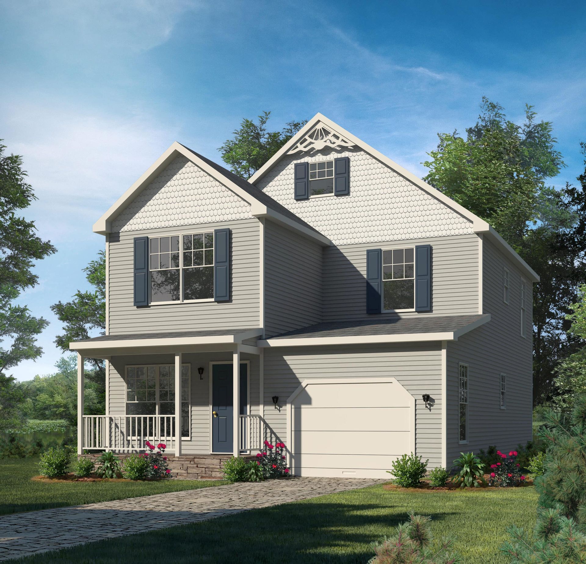 An artist 's impression of a white house with blue shutters