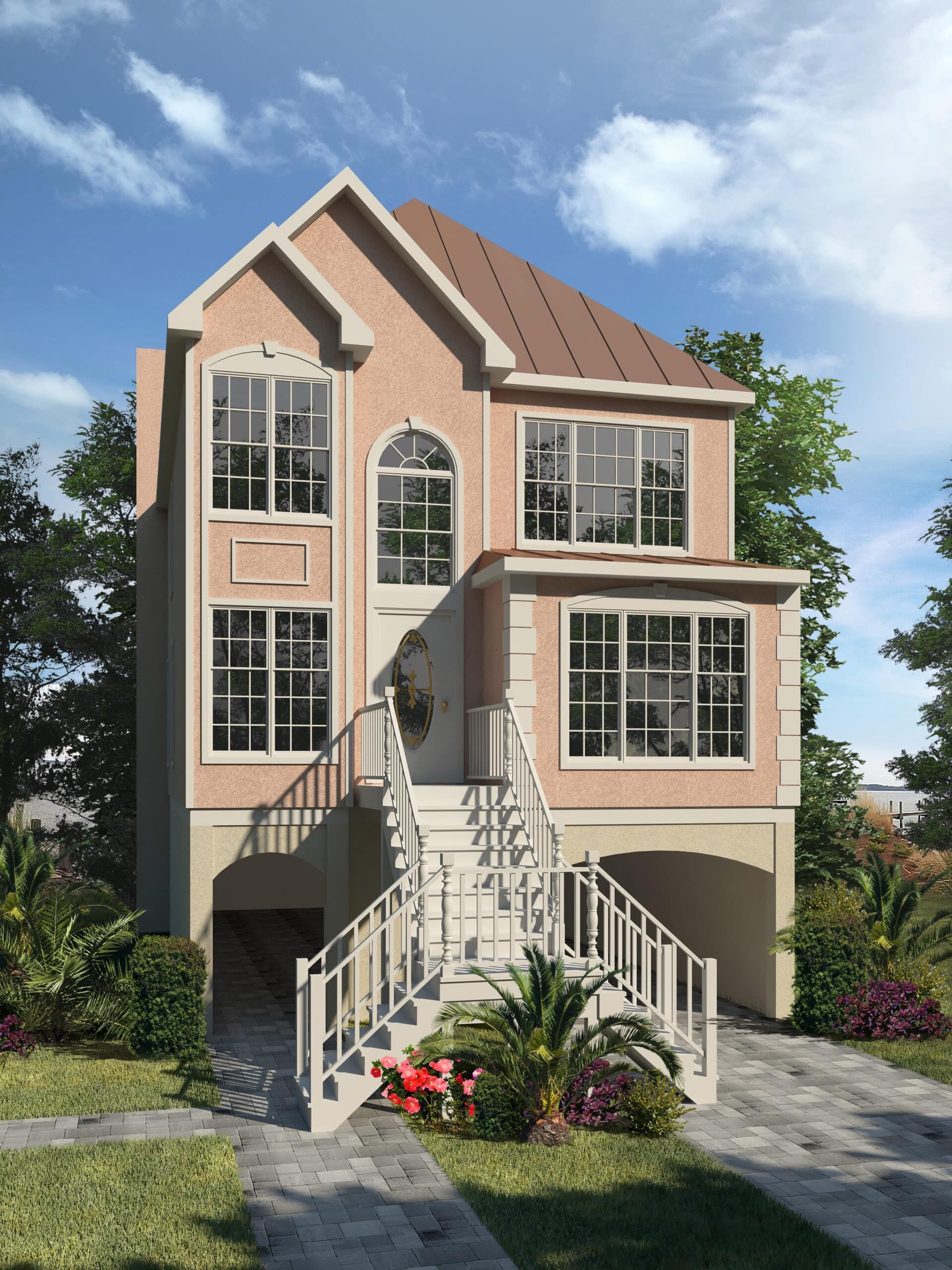 An artist 's impression of a house with stairs leading up to it