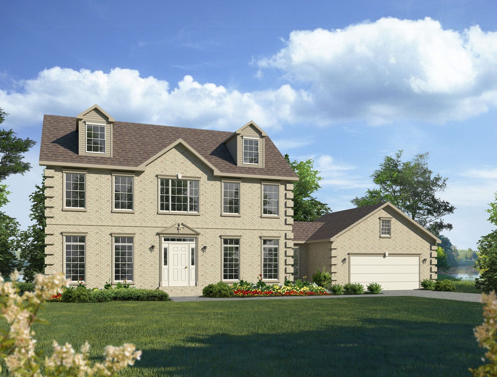 An artist 's impression of a brick house with a brown roof