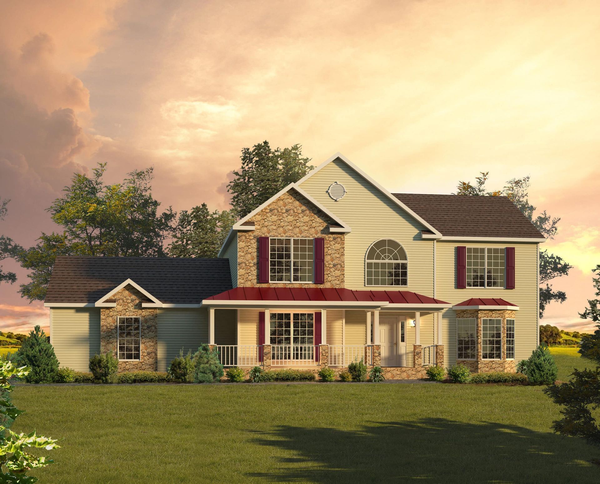 A large house with red shutters and a sunset in the background