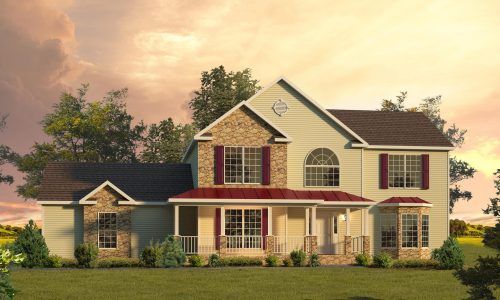 A large house with a red roof and shutters