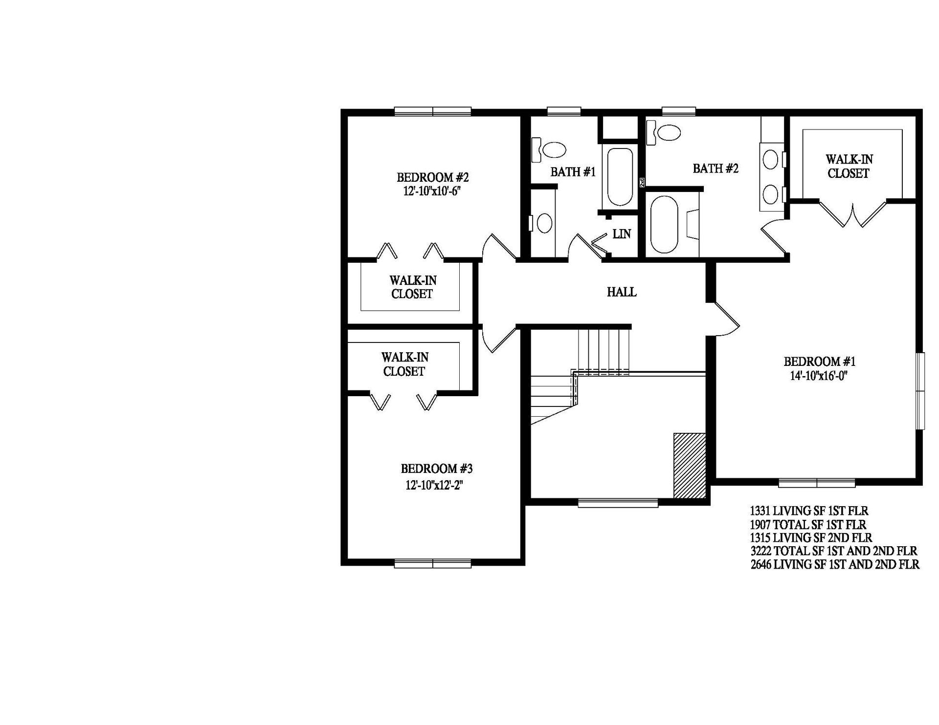 A black and white floor plan of a house with a staircase.