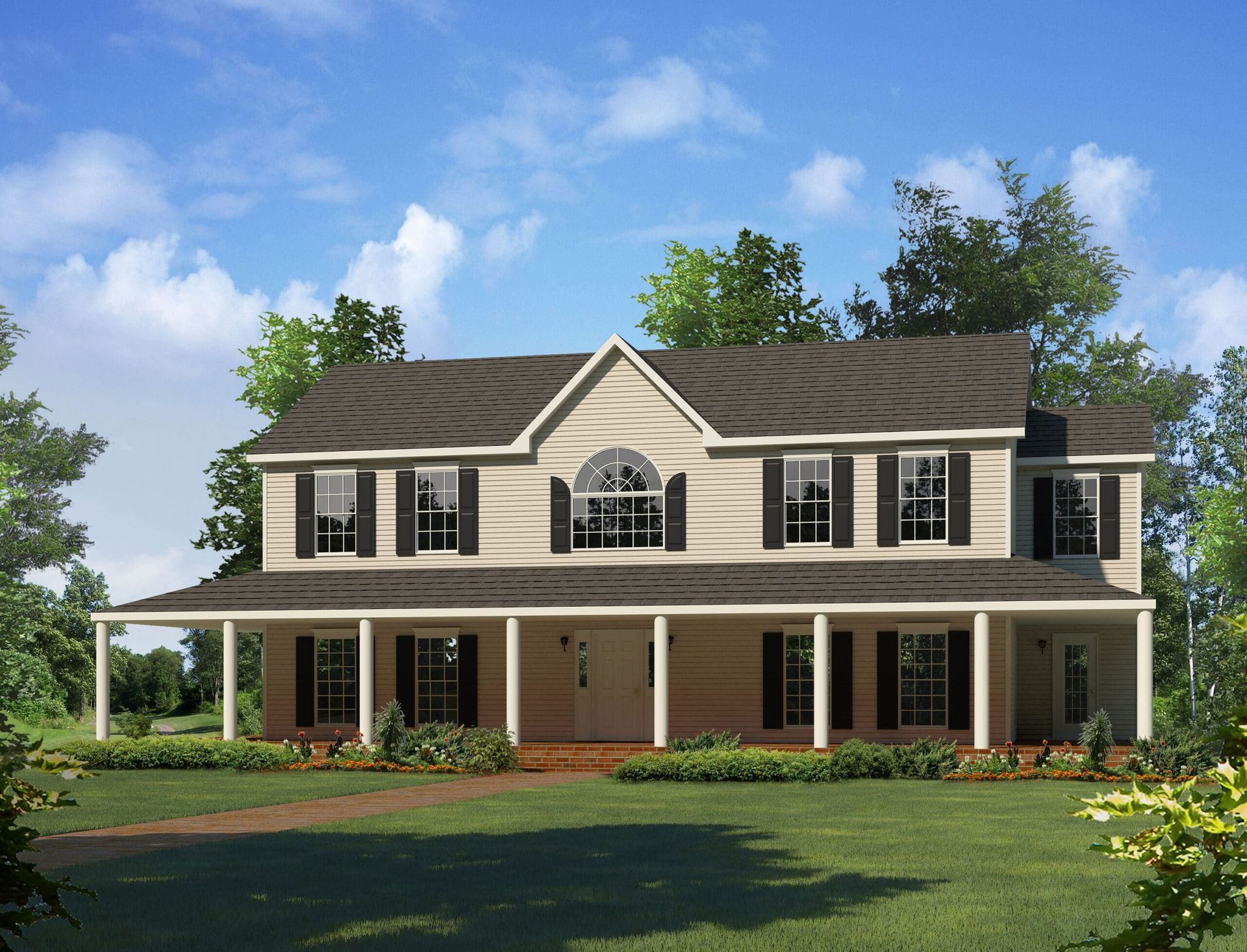 A large white house with black shutters and a large porch