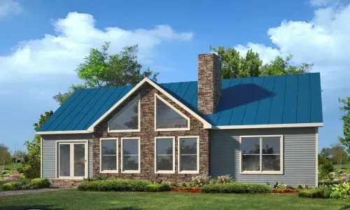 A house with a blue roof and many windows