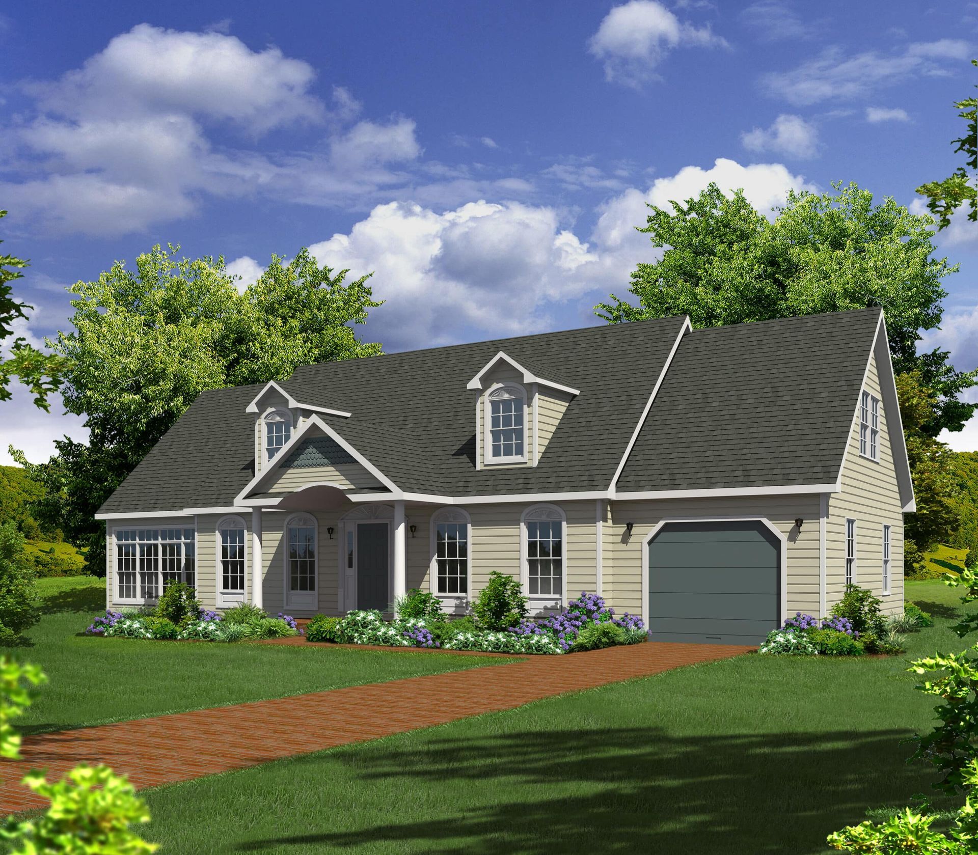 A rendering of a house with a gray garage door